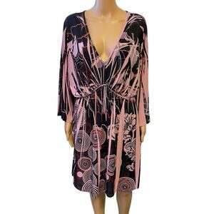 Vintage Daniel Benjamin USA Dress Sz 3X Pink Black VNeck High Elastic Waist Boho